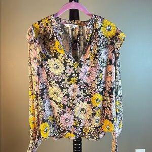 BB Dakota by Steve Madden Black Floral V-Neck Blouse with Yellow & Pink Blooms
